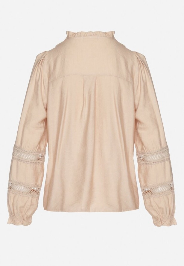 Beżowa Wiskozowa Koszula o Prostym Kroju Zdobiona Koronkowymi Wstawkami Cesinia