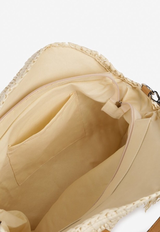 Jasnobeżowa Pleciona Okrągła Torebka Shopperka z Długimi Rączkami i Paskiem Acelema