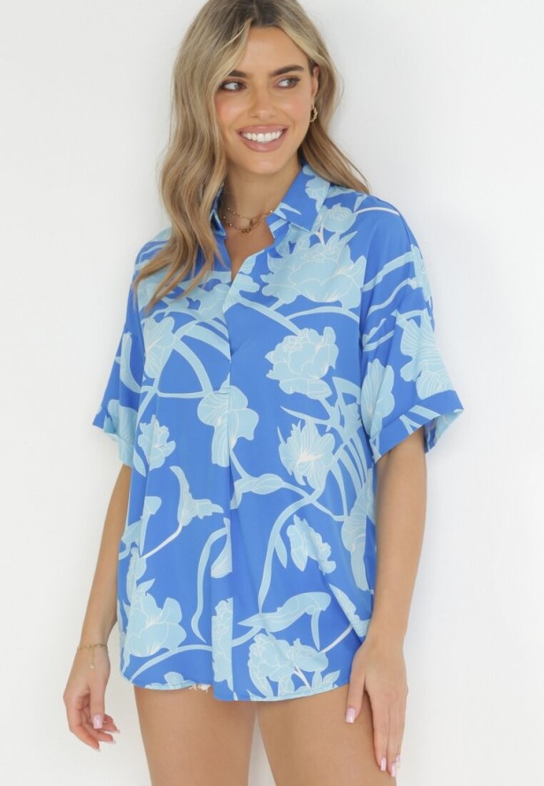 Niebieska Bluzka z Krótkimi Rękawami w Kwiaty Selenes