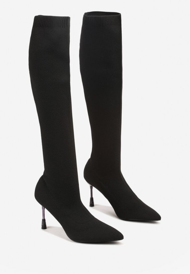 Czarne Skarpetkowe Kozaki Vices na Ozdobnym Obcasie z Cyrkoniami Nilritisa