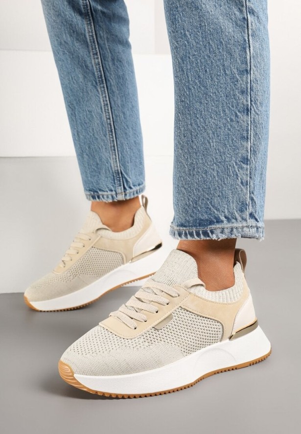 Beżowe Sneakersy z Siateczkową Cholewką Saramis