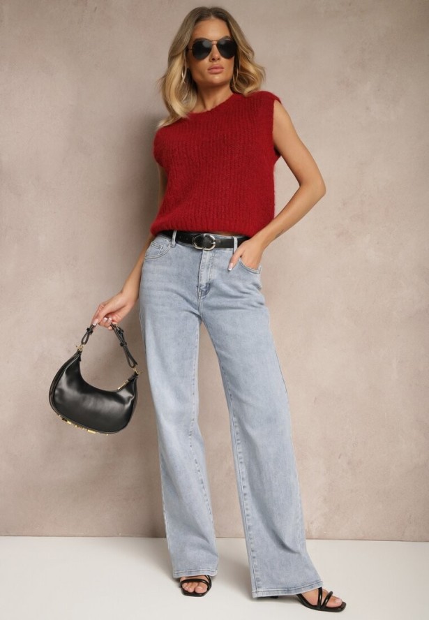 Bordowa Sweterkowa Kamizelka z Wełną z Prążkowanego Materiału Titheora