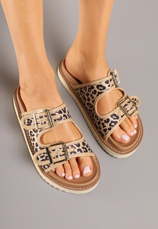 Beżowe Panterkowe Klasyczne Klapki z Paskami z Klamrami Palavenna