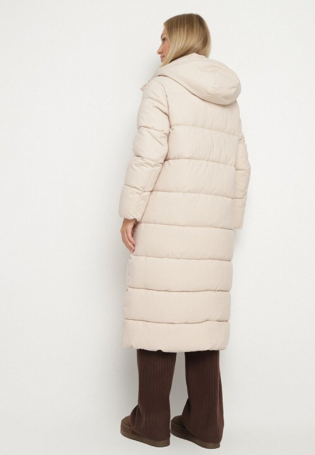 Jasnobeżowa Długa Pikowana Kurtka z Kapturem Afarriva