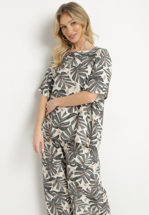 Szary Wiskozowy Komplet z Motywem Roślinnym Szerokie Spodnie i T-shirt Evianira