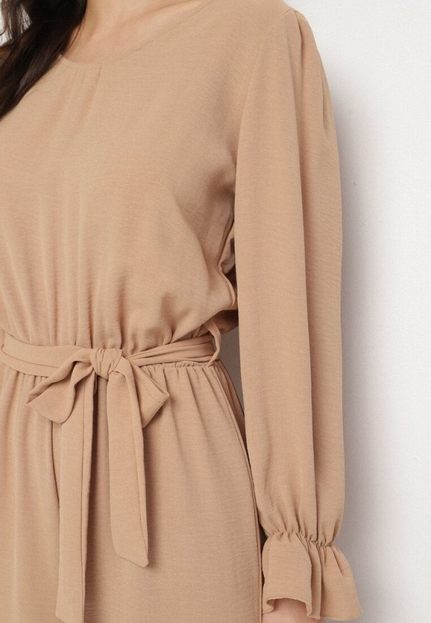 Beżowy Długi Kombinezon z Gumką w Pasie Wiązany na Plecach Kailanis