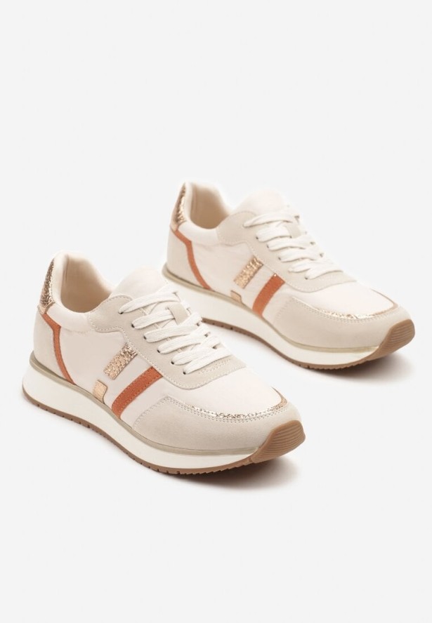 Beżowe Sneakersy z Ozdobnymi Paskami i Metalicznymi Wstawkami Alanissea
