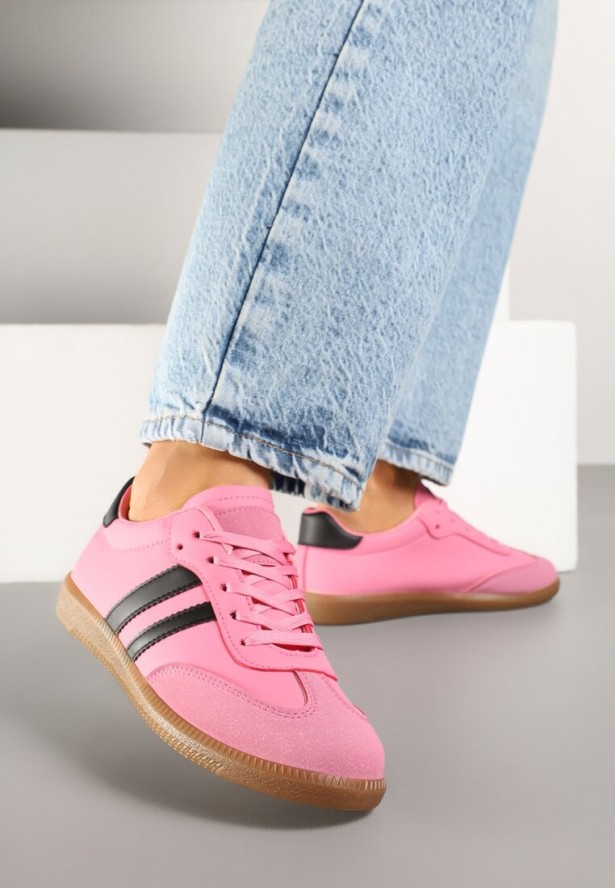 Różowe Sneakersy Sportowe Tenisówki z Modnymi Przeszyciami i Paskami Zarelna