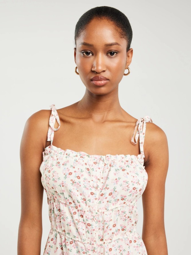 Sukienka damska mini z wiskozy z motywem kwiatowym kremowa Casie 102