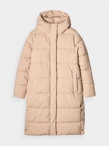 4F Długi płaszcz puchowy z syntetycznym wypełnieniem damski - beżowy XXL