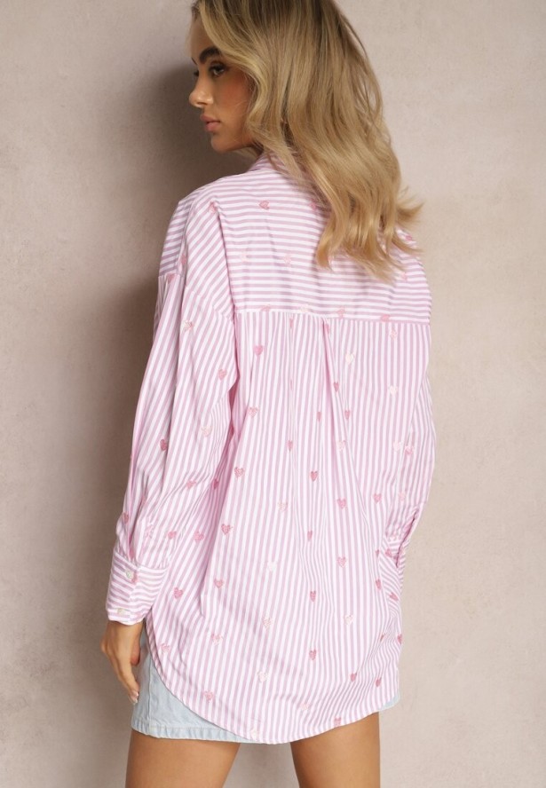 Różowa Bawełniana Koszula Ozdobiona Wzorem w Cienkie Paski i Serduszka Vatille