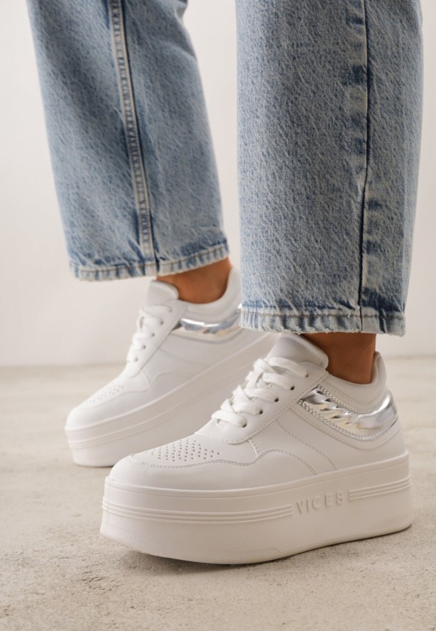 Biało-Srebrne Sneakersy VICES na Grubej Podeszwie z Przeszyciami i Tłoczeniem Berolle