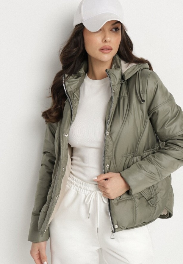 Zielona Kurtka Pikowana z Odpinanym Kapturem i Kieszeniami Ziolene