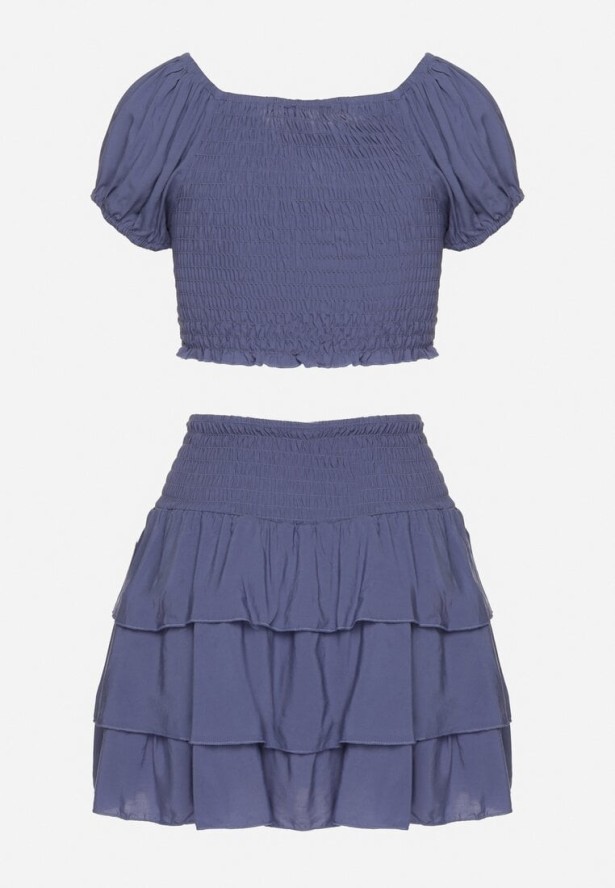 Granatowy Komplet Bawełniany Bluzka Hiszpanka i Spódnica z Falbankami Vexa