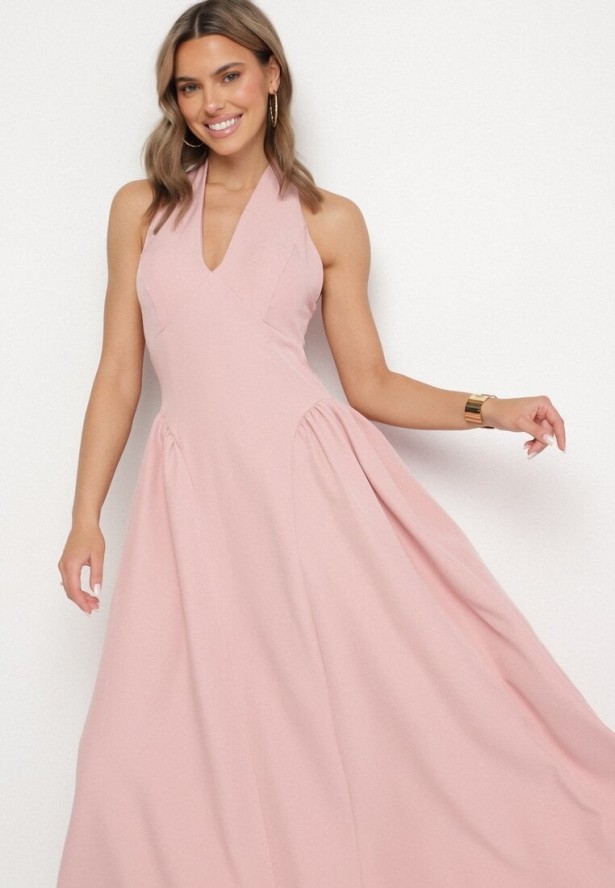 Różowa Sukienka o Rozkloszowanym Kroju z Wiązanym Dekoltem Halter Senicea