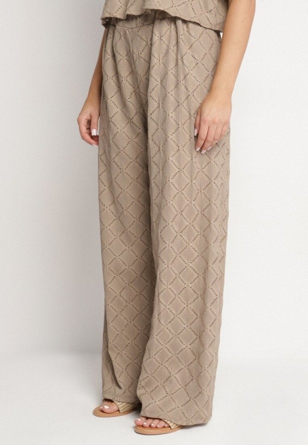 Jasnobrązowy Ażurowy Komplet Koszula z Kołnierzem Spodnie z Szerokimi Nogawkami i Gumką w Pasie Zalvia