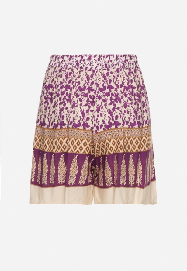 Fioletowe Bawełniane Szorty z Wysokim Stanem w Kwiaty Kolessa