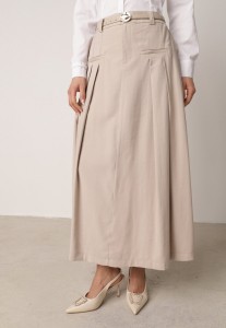 Beżowa Wiskozowa Spódnica o Rozkloszowanym Kroju z Plisami i Paskiem Rolea