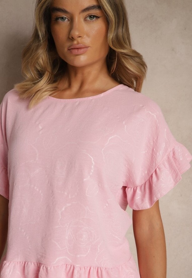 Różowa Bluzka Oversize Ozdobiona Falbanami Liriele