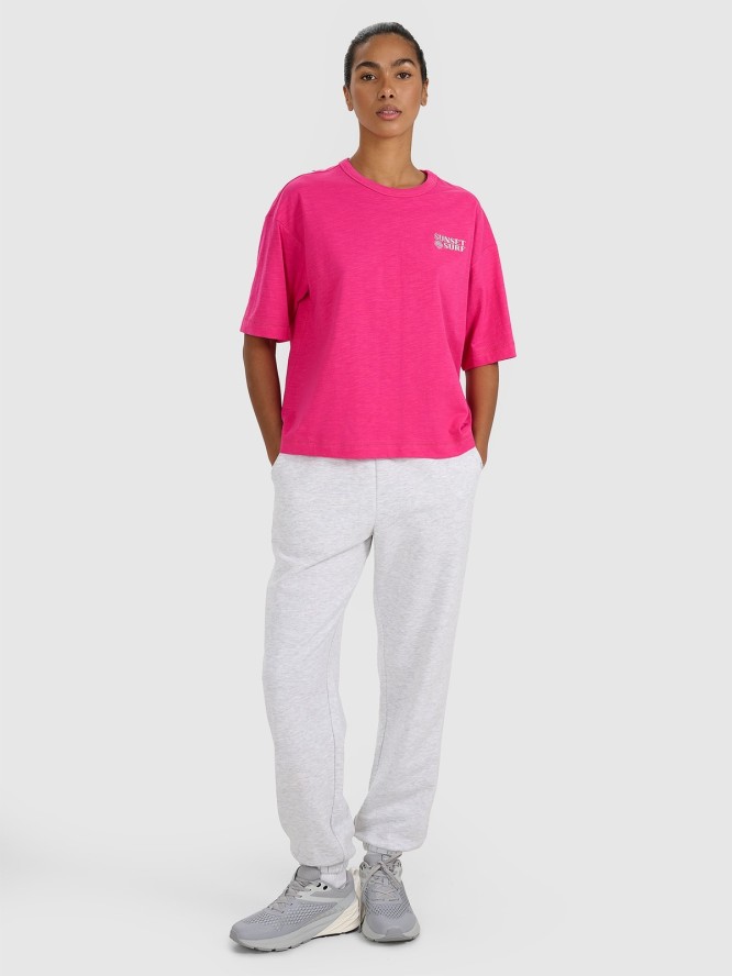 4F T-shirt oversize z nadrukiem damski - różowy XS