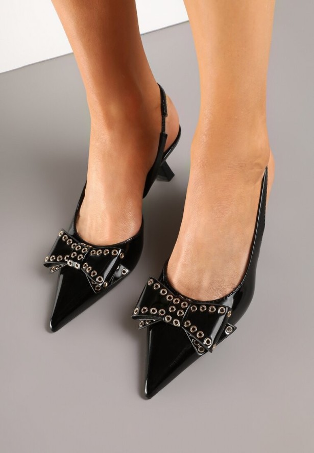 Czarne Lakierowane Sandały na Klepsydrowym Obcasie z Kokardą Davivora