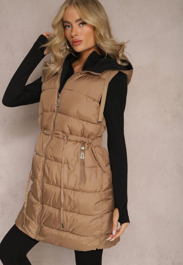 Ciemnobeżowa Pikowana Kamizelka Dwustronna z Troczkiem w Pasie o Wydłużonym Fasonie Selinorda