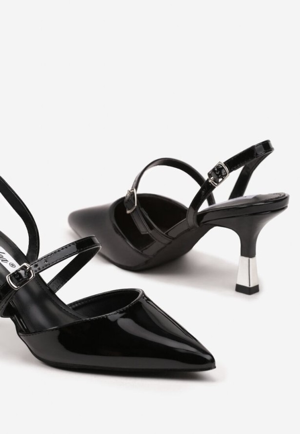 Czarne Szpilki Bez Pięty z Metaliczną Wstawką i Ozdobnymi Paskami Frollexia