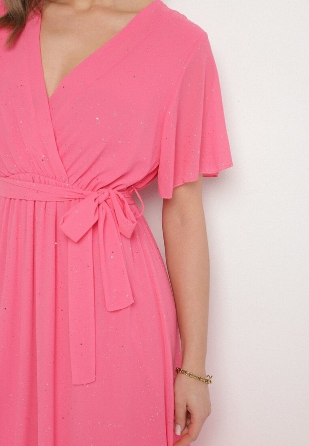 Fuksjowa Brokatowa Sukienka Koktajlowa Ozdobiona Paskiem Ziliane