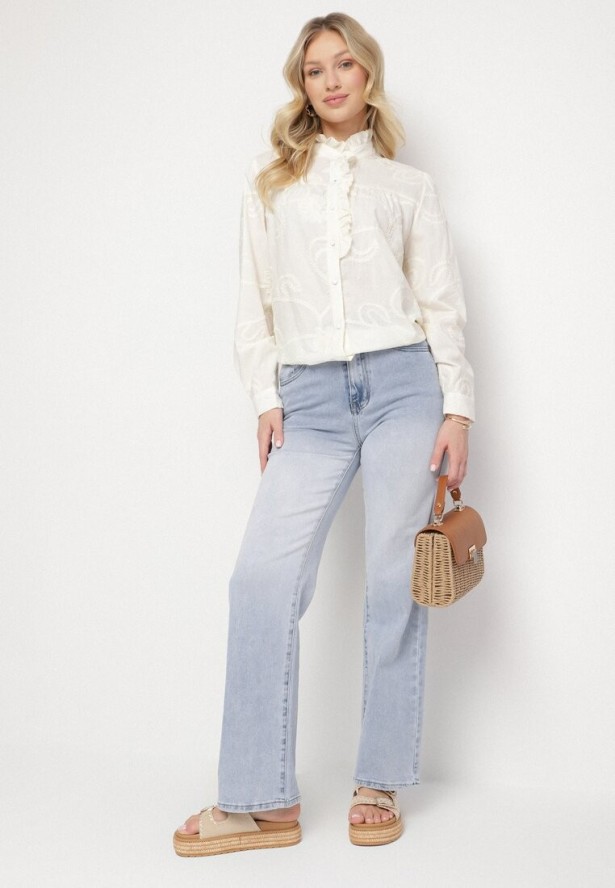 Beżowa Bawełniana Koszula z Falowaną Stójką i Haftem Danilsa