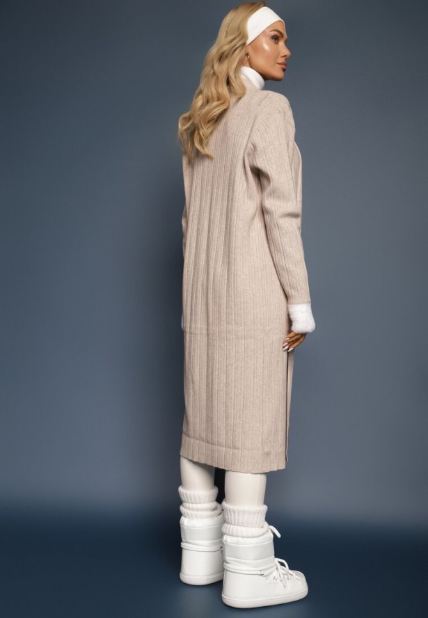 Beżowy Nierozpinany Kardigan o Długim Kroju z Wiskozą i Kieszeniami Naralie