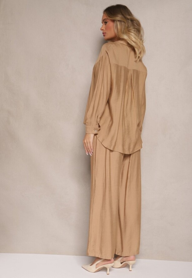 Ciemnobeżowy Komplet z Wiskozy Koszula i Szerokie Spodnie Eleathia