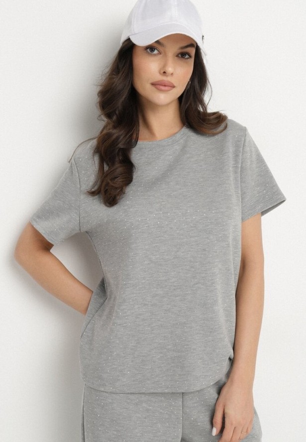 Szary T-shirt z Wiskozą Ozdobiony Cyrkoniami Hirritia