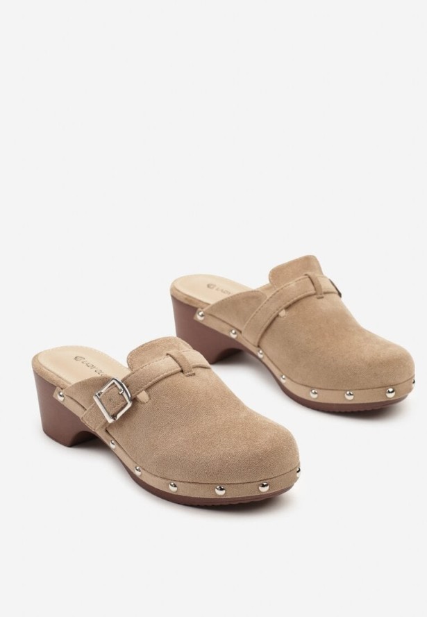 Ciemnobeżowe Klapki na Obcasie w Stylu Chodaków z Klamrą Ellatis