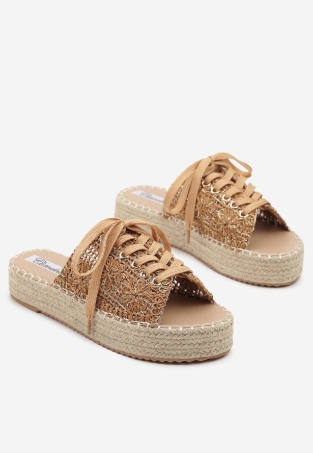 Jasnobrązowe Tweedowe Klapki na Plecionej Podeszwie ze Sznurowaną Cholewką Nevenisse