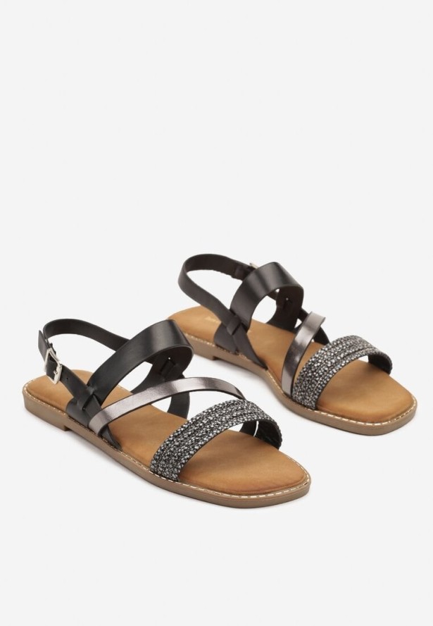 Czarne Sandały Zdobione Metalicznym Paseczkiem i Cyrkoniami Nuridira