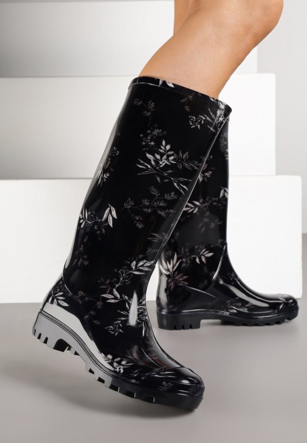 Czarne Kalosze ze Wzorem Liści Rilenella