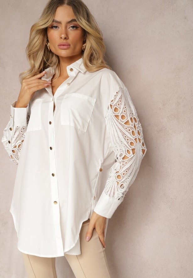 Biała Koszula o Luźnym Fasonie z Ażurowymi Wstawkami na Rękawach Nasira