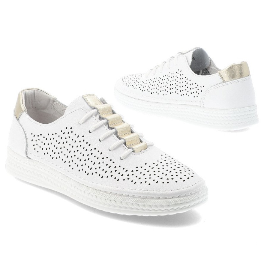 Sneakersy damskie S.Barski, cholewka skóra naturalna perforowana wiązanie klasyczne niski fason zaokrąglony nosek, białe, GR61-5992