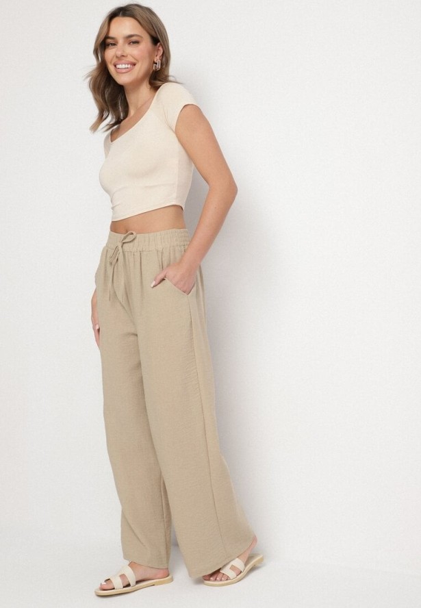 Beżowe Spodnie o Szerokim Kroju Palazzo z Wysokim Stanem i Wiązaniem Araloria
