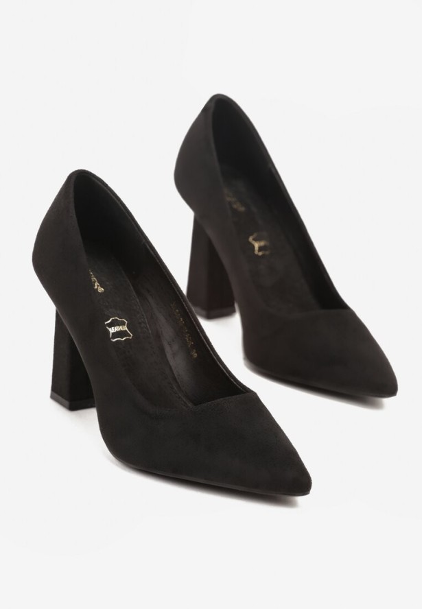 Czarne Czółenka Vices na Geometrycznym Obcasie ze Skórzaną Wkładką Ricce