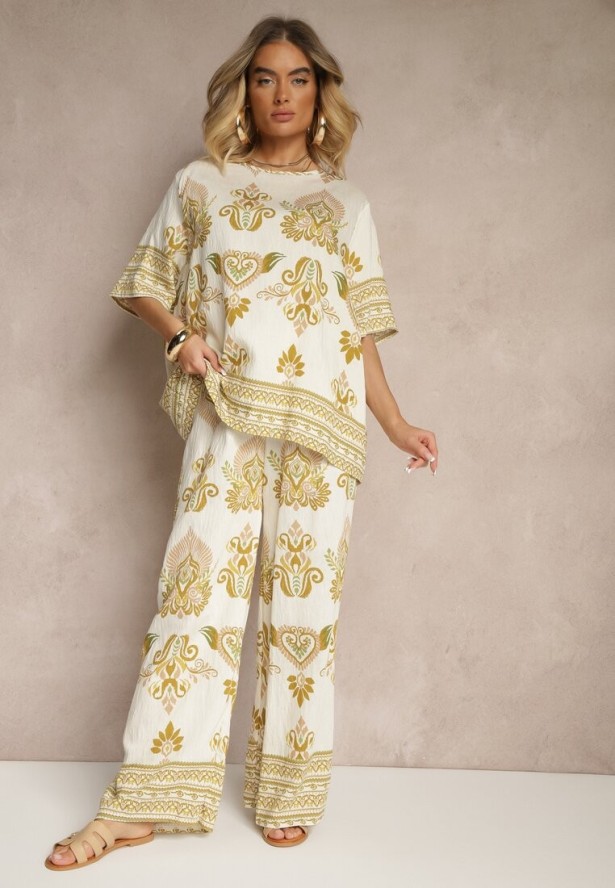 Żółty Wiskozowy Komplet w Orientalny Print Szerokie Spodnie i T-shirt Pollialia