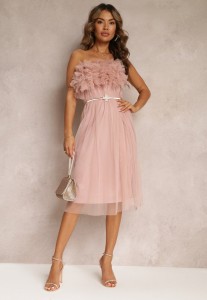 Różowa Tiulowa Sukienka bez Ramiączek z Falbankami Tremone