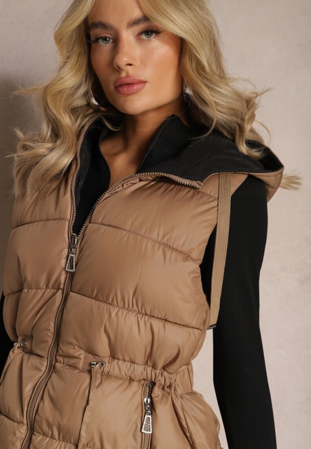 Ciemnobeżowa Pikowana Kamizelka Dwustronna z Troczkiem w Pasie o Wydłużonym Fasonie Selinorda