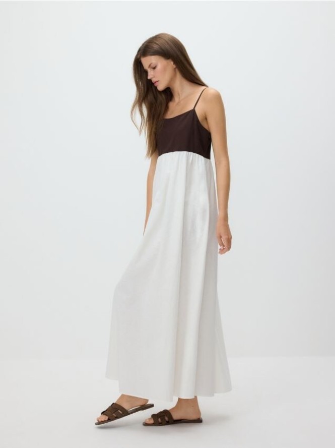 Sukienka maxi z lnem - złamana biel