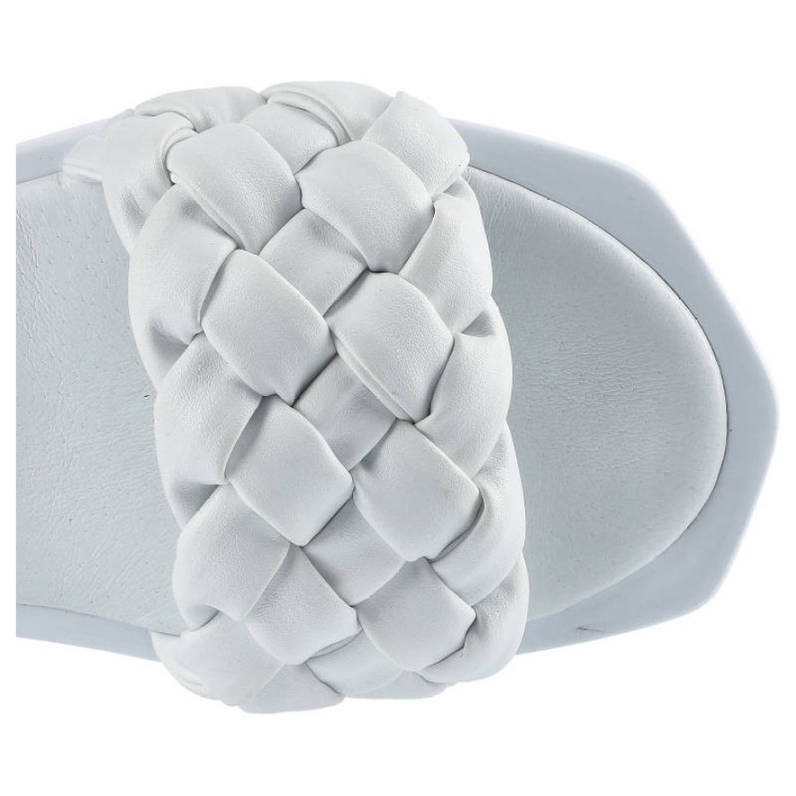 Klapki damskie Chebello, naturalna skóra licowa z szerokim plecionym paskiem wsuwaną konstrukcją oraz płaską lekką podeszwą, białe, 2609-364-PSK