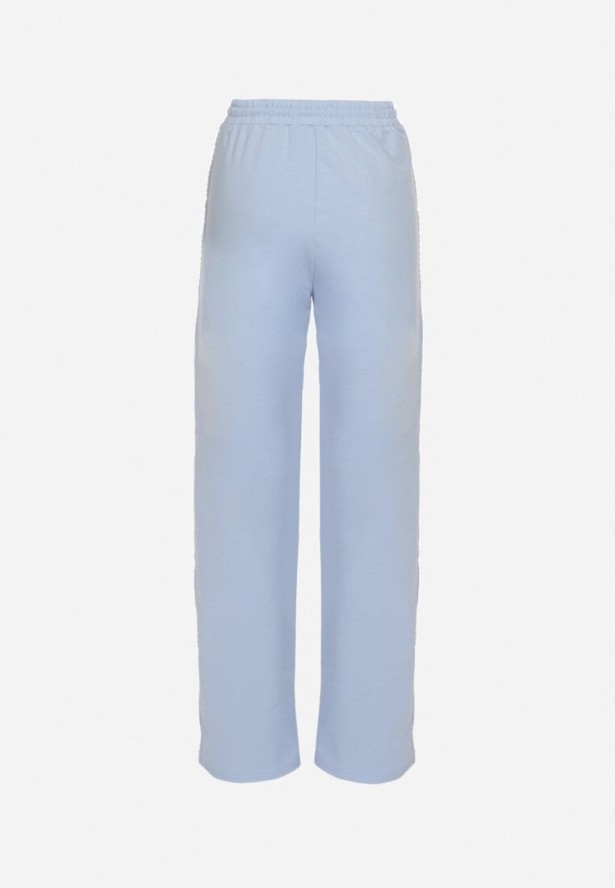 Jasnoniebieskie Szerokie Spodnie Dresowe z Bawełny z Wysokim Stanem i Lampasami Pillione