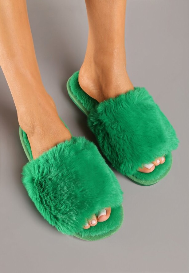 Zielone Kapcie Futrzane Vices z Szerokim Paskiem Selaenor