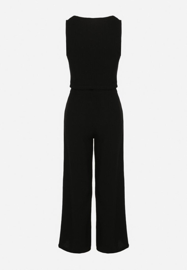 Czarny Wiskozowy Komplet z Lnem Kamizelka i Garniturowe Spodnie Evialira