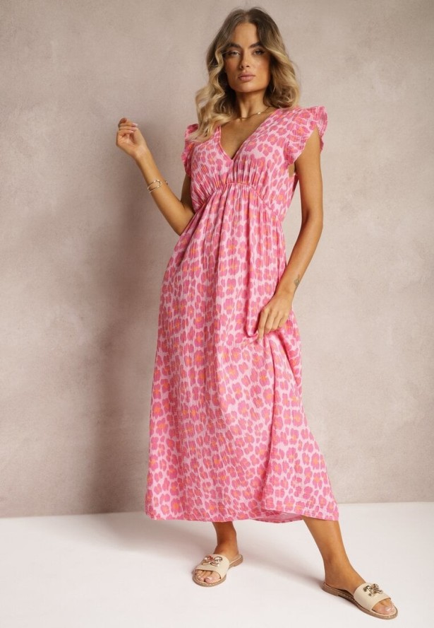 Różowa Sukienka Boho z Bawełny Ozdobiona Wiązaniem Carivia