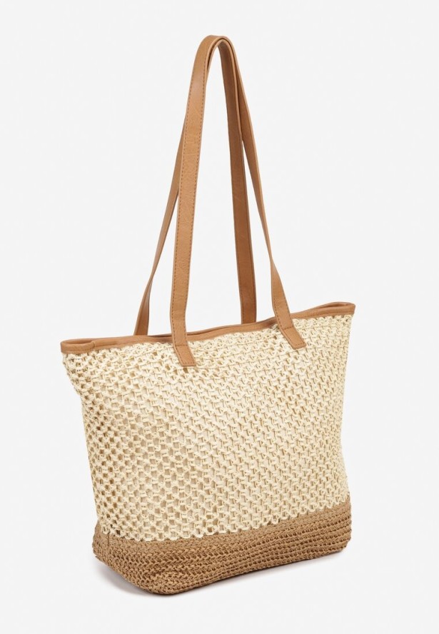 Beżowa Torebka Shopperka Ozdobiona Plecionką Felarienna